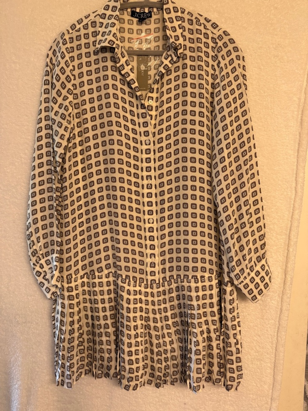 J. Crew Cream, Tan & Black Shirt dress in geometric pattern w/fun pleated skirt!